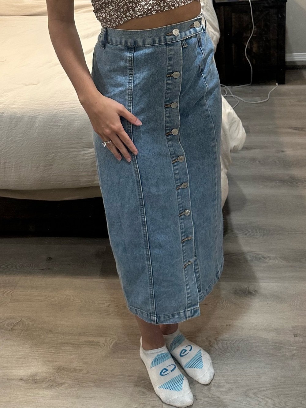 SHEIN Light Blue Denim Button-Front Midi Skirt